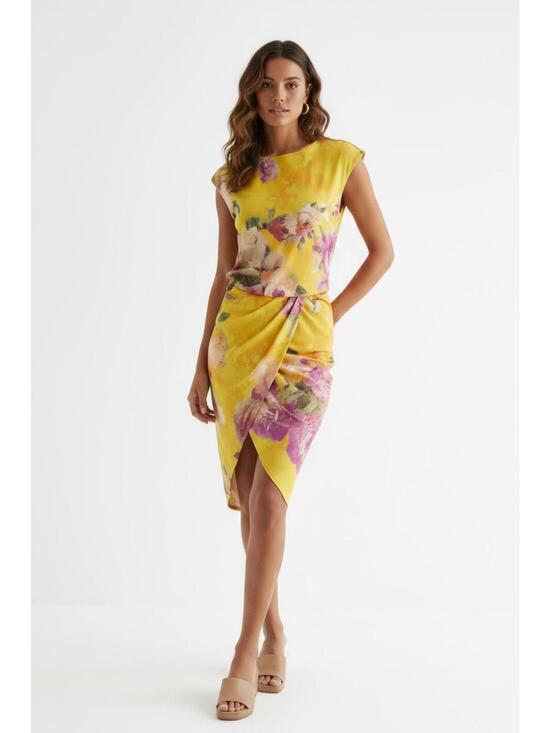 Express Dresses & Skirts - Express Yellow Floral Draped Midi Dress Size S